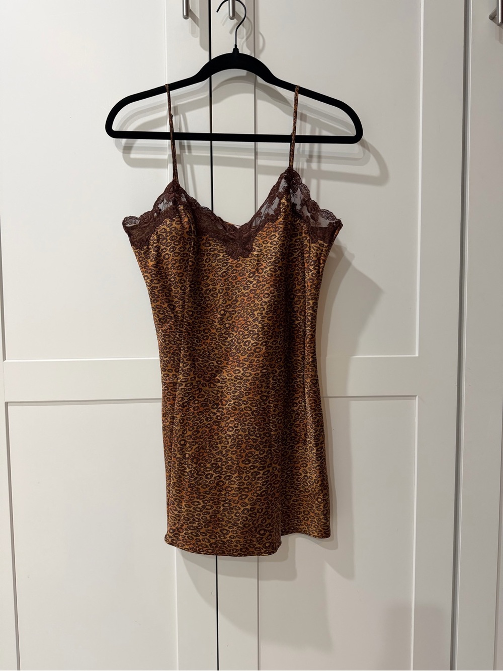 Victoria's Secret Brown Leopard Satin Slip with Lace Trim